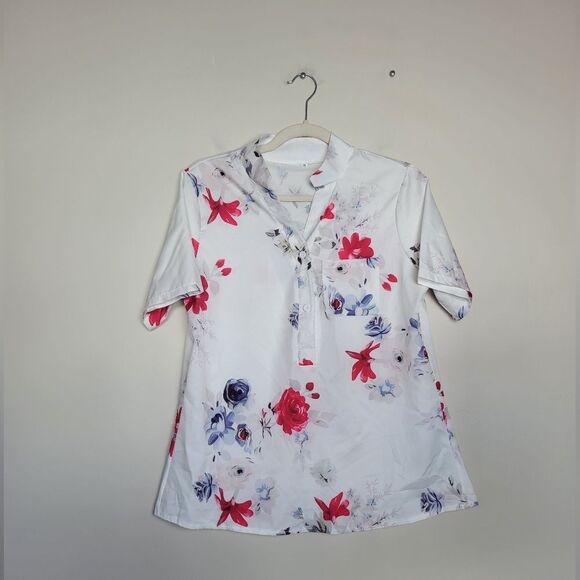Floral Lightweight Blouse Short Sleeve Notched Neckline Japanese Inspired Medium - Picture 6 of 10